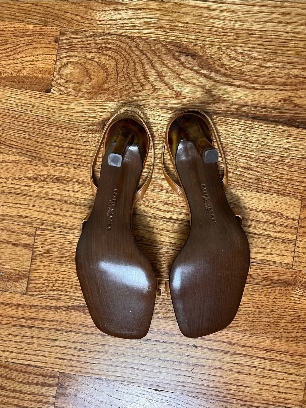 Ralph Lauren Leather Tortoise Heeled Sandals in Tan